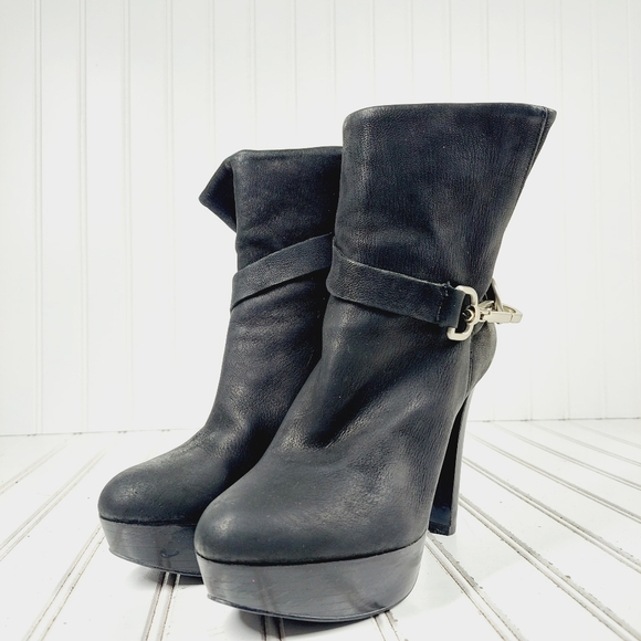 Nine West Midi Black Nubuck Leather Slouchy Pull On Platform Booties K277 - Picture 2 of 13